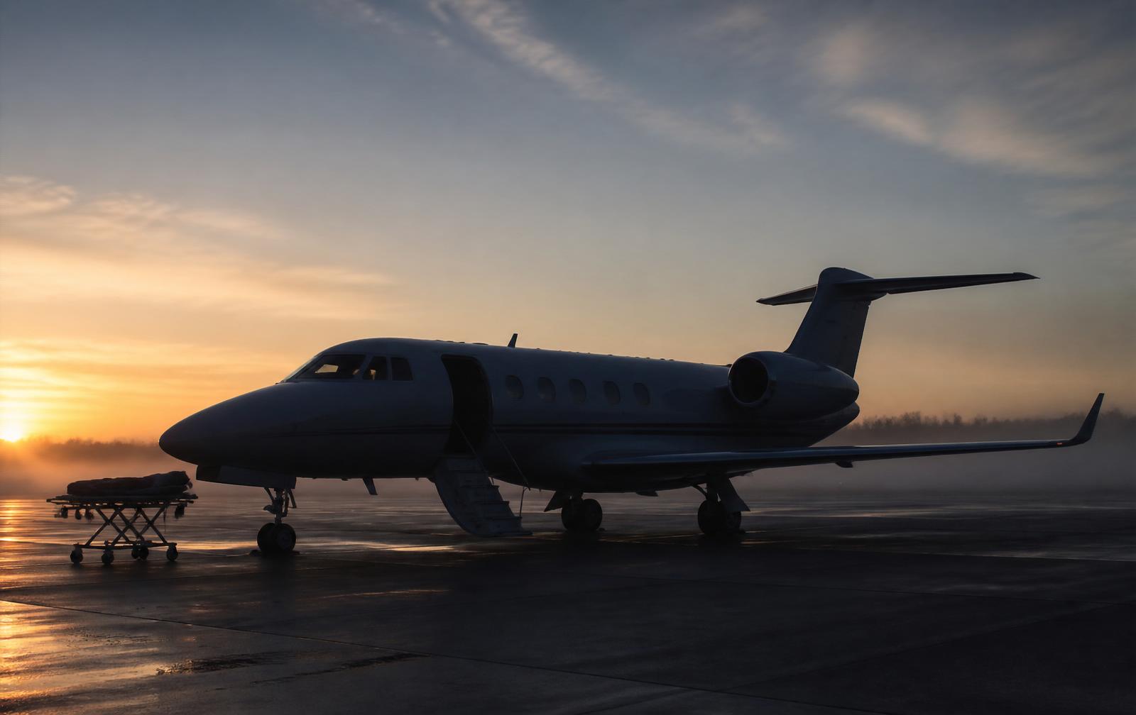 A fixed-wing air ambulance on the tarmac at dawn.