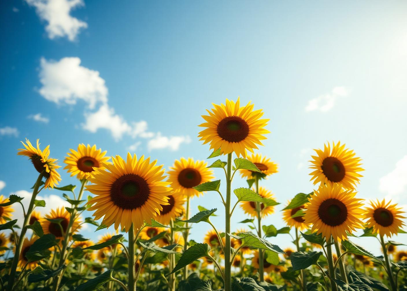 A field of sunflowers growing beneath a bright blue sky.