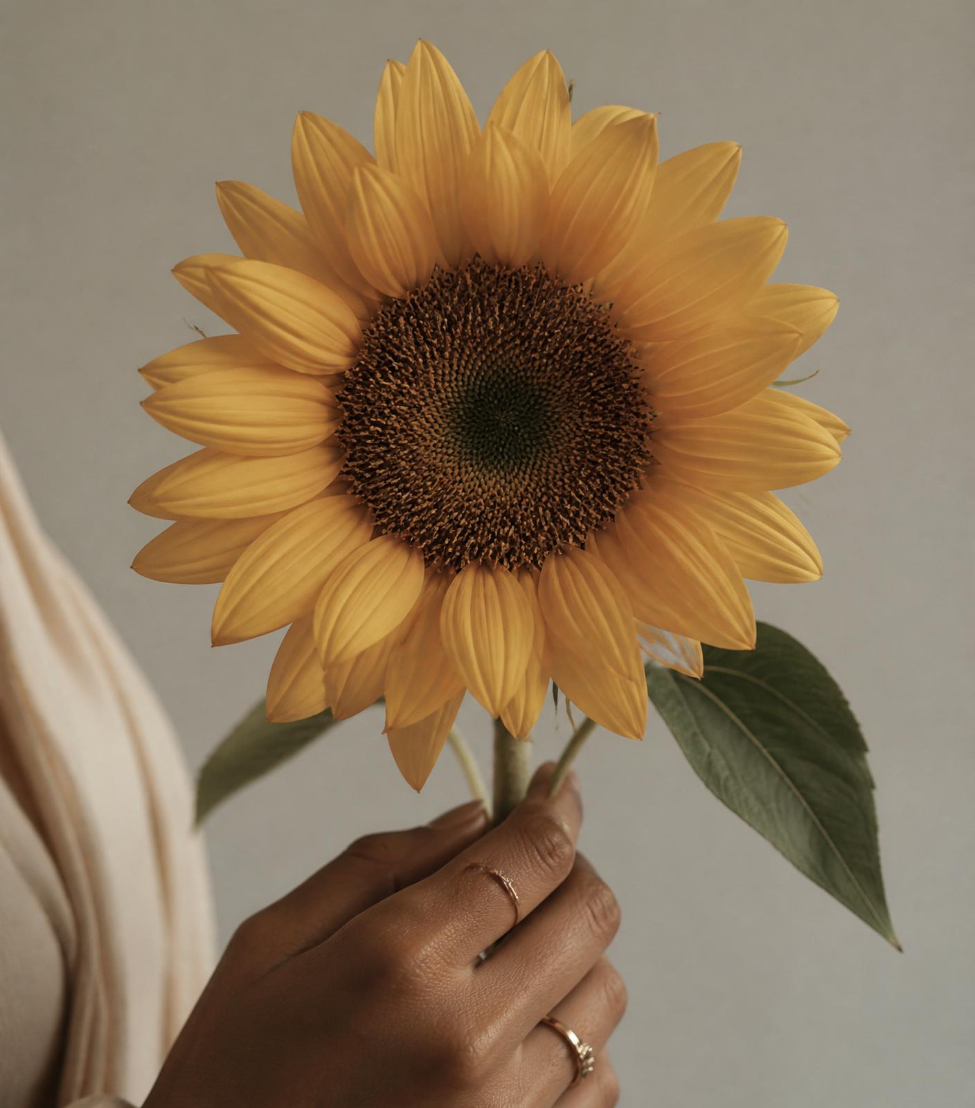 A single sunflower held in an open hand - a symbol of Ukraine and of care.